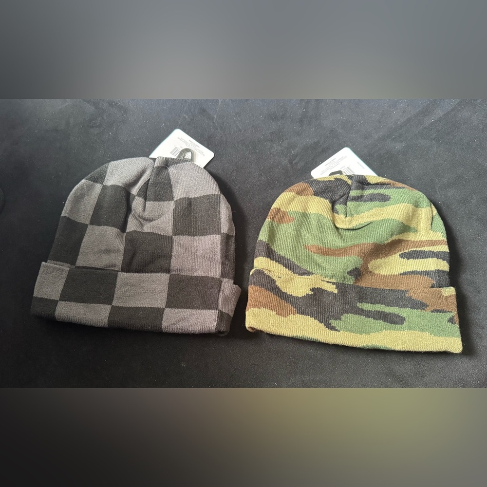 New Camouflage and Checkered Beanie Set - Bundle of 2